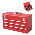 21-inche Tool Box, Portable 3 Drawer Steel Toolbox with Top Storage Tray & Carrying Handle, Double Latch System, Tool Storage Chest Hand Carry Tool Cases for Garage Trunk Household, Red