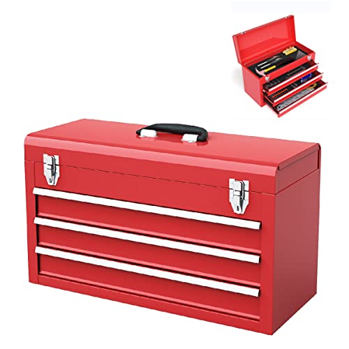 21-inche Tool Box, Portable 3 Drawer Steel Toolbox with Top Storage Tray & Carrying Handle, Double Latch System, Tool Storage Chest Hand Carry Tool Cases for Garage Trunk Household, Red