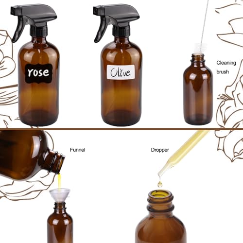 Glass Spray Bottle Kit×10 (2×16oz, 2×4oz, 6×2oz), 9×10ml Roller Bottles, Anti UV, Multi Size and Versatile, Suitable for Aromatherapy, Facial Moisturizing, Watering, etc.(Amber) - view 5