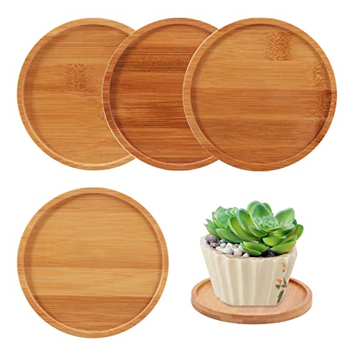 4 Pack Bamboo Plant Pot Saucers, 4.7 Inch Round Bamboo Coaster Plant Drainage Tray Cork Wood Drip Pads Plates for Owl Pots Succulent Pots, Flower Pot