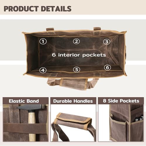 Canvas Large Tool Bag - A Large Main Pocket and 14 Insert Pockets Garden Tool Tote Bag - Durable 16oz Waxed Canvas Tool Case with Handle - Tool not Included - view 3
