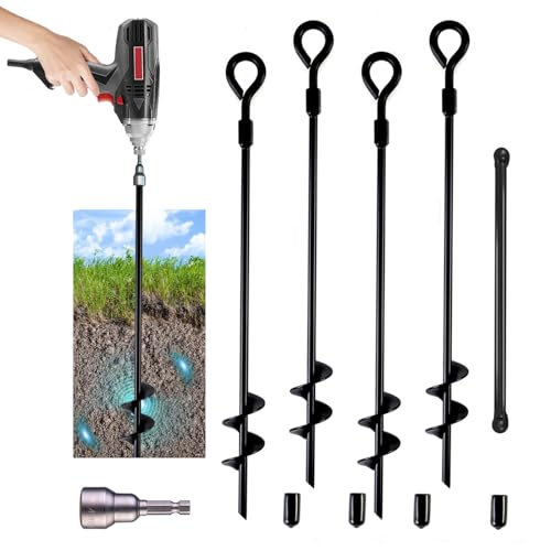 MIXXIDEA18 Inch Ground Anchors Screw in Folding Ring Spiral Metal Ground Stakes Dog Tie Out Stake Spiraling Anchor Trampoline Anchors for Tent (black-4pk)