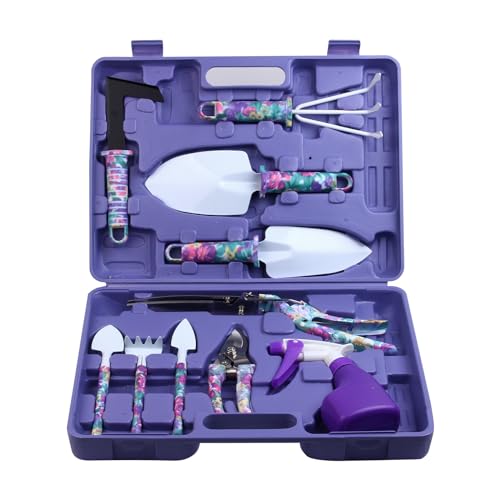 Garden Tools Set, 10 Pieces Gardening Tools with Floral Print, Ergonomic Handle Trowel Rake Weeder Pruner Shears Sprayer, Garden Hand Tools with Carrying Case Gardening Gifts for Women Father