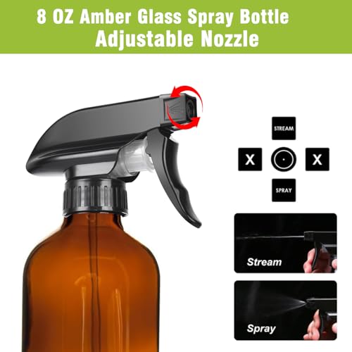 8OZ Amber Glass Spray Bottles - 2 Pack - Empty Refillable Bottle for Essential Oils, Plants, Cleaning Solutions, Hair Mister - Durable Nozzle w/Fine Mist and Stream Setting - view 2