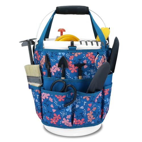 Bucket Organizer 5 Gallon 18-Pocket Tool Bucket Bag with 6 Hooks, Gardening Tool Holder Caddy for Gardeners, Outdoor Yard Work, Soil Plant Flower Gardening Accessories with Grip Pad, Blue