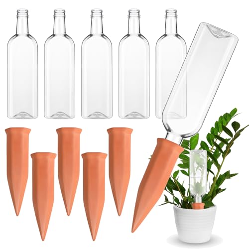 6 Sets Plant Watering Devices 6 Pcs Self Watering Spikes 6 Pcs 25 oz Plastic Bottles Slow Release Automatic Waterer Empty Liquor Bottles Terracotta Spikes for Vacation Plant (Ceramic Color)