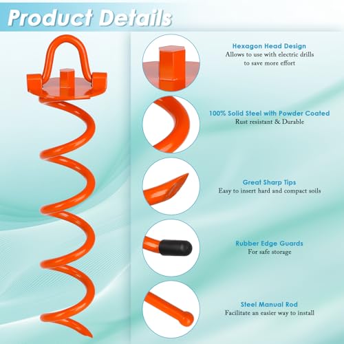 12 Inch Spiral Ground Anchors Heavy Duty Screw in Spiral Stakes, 4 Pack Folding Ring Ground Stakes for Securing Dogs,Tents, Trampolines, Canopies, Swing Sets,Orange - view 3