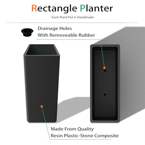 Rectangular Planter Box for Outdoor Plants, Large Tall Resin Garden Pots for Front Porch, Patio, Indoor (Black, 25 x 21 inch) - view 6