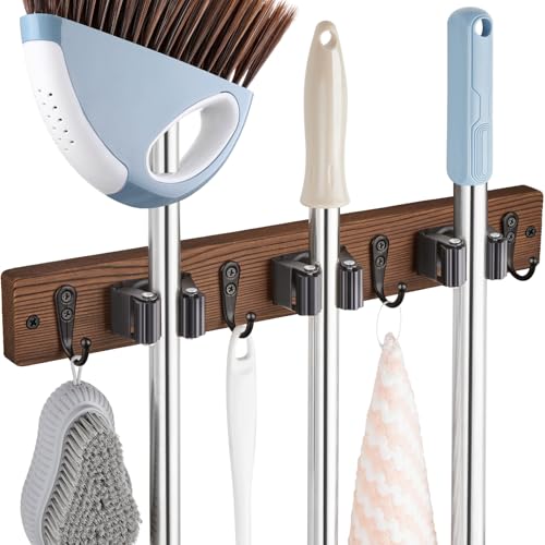 Mop Broom Holder Wall Mount with 3 Slots & 4 Hooks - Wood Broom Mop Hanger for Pantry Kitchen Organization - Garden Tool Organizer for Closet Laundry Room - for Rustic Farmhouse Kitchen Decor