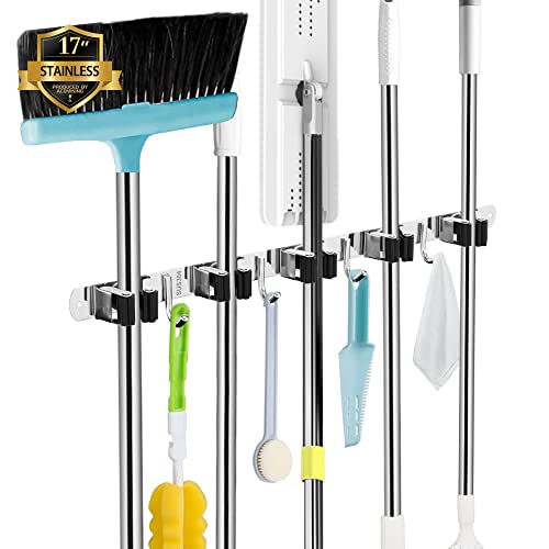 Broom Holder Wall Mount, 5 Racks 4 Hooks Heavy Duty Mop Organizer