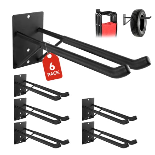 14" Large Heavy Duty Garage Hooks, Steel Garage Storage Hooks with Support Rods, Utility Wall Mount Hangers for Power Tools, Car Tires, Ladders, Chairs, Garden Tools and More (6-Pack 14" Heavy Hooks)