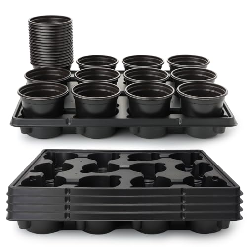 4 Inch Plastic Plant Pots 60 Pcs and 12 Cell Nursery Pots Trays 5 Pcs, Thick Sturdy Seeds Starting Germination Shuttle Carrying Trays, Black Small Planter Nursery Propagation 5 Sets