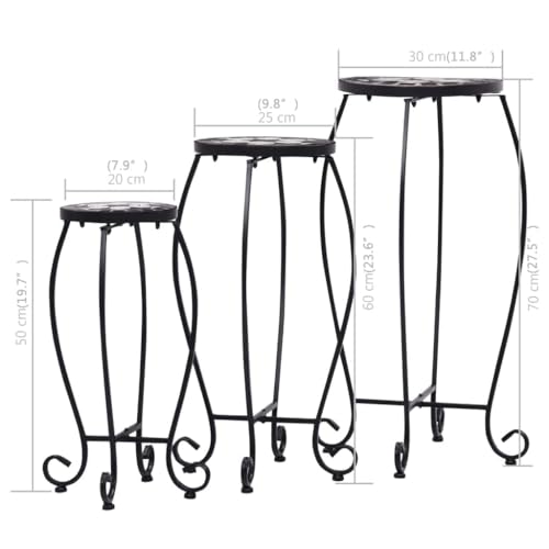 3 Piece Mosaic Table Set, Black and White Ceramic Tile Side Tables with Powder-Coated Iron Frame, Nesting Accent Plant Stands for Garden, Balcony, and Patio - view 2