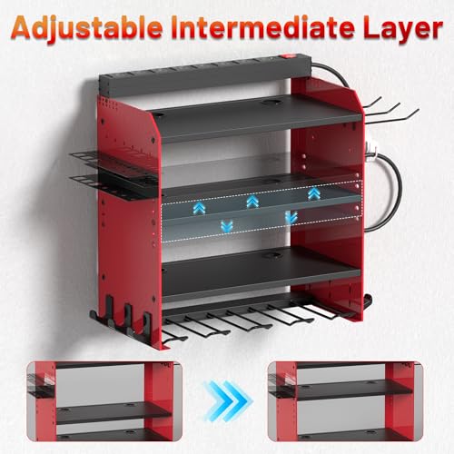 Power Tool Organizer Wall Mount with Charging Station, Garage 4 Drill Storage Shelf with Cordless Tool Holder, Heavy Duty Rack with 8 Outlet Power Strips and Hooks, Gift for Men, Husband (4 Layer) - view 4