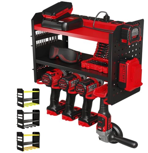 Power Tool Organizer Wall Mount – 3-Tier Heavy-Duty Steel Rack, 4 Drill Slots, Pegboard + Utility Side, 100 lb Capacity – Garage, Workshop & Shed Storage (Red)