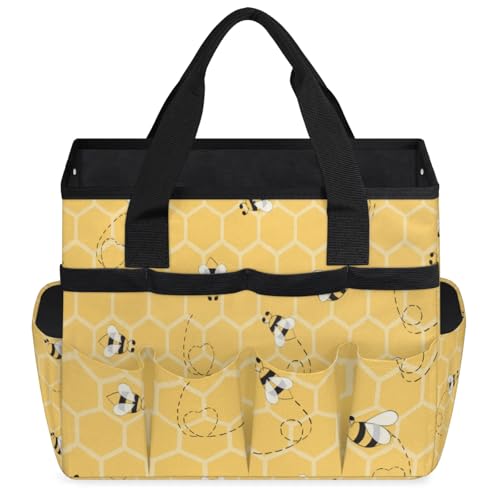 Yellow Bee Gardening Tool Bag,Heavy Duty Garden Tote Bag,Portable Oxford Gardening Storage Basket Organizer Handbag with Pockets Handle,Hand Tools Gifts for Outdoor Garden Lawn Yard - view 2