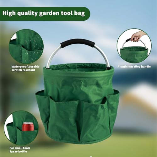 Gardening Storage Tote with Handle and 6 Pockets, Folding Garden Tool Basket, Storage Bag for Outdoor Picnic Organizer, 17L Cleaning Organizer, Bathroom Organizer, Garden Tool Kit Holder (Green) - view 3