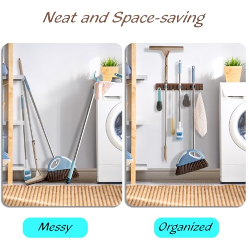 Mop Broom Holder Wall Mount with 3 Slots & 4 Hooks - Wood Broom Mop Hanger for Pantry Kitchen Organization - Garden Tool Organizer for Closet Laundry Room - for Rustic Farmhouse Kitchen Decor - view 4