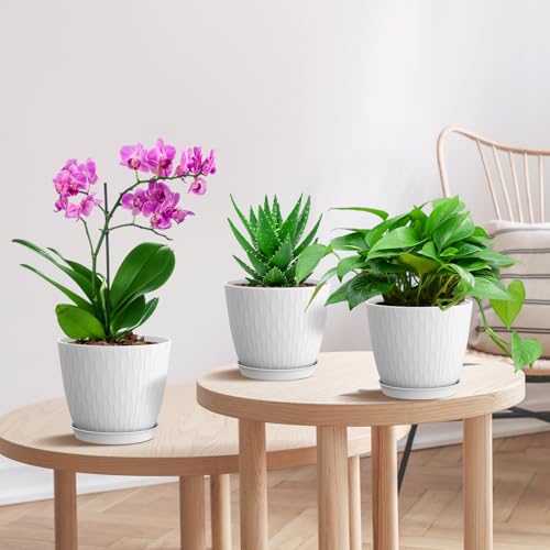 6 inch Flower Pots, 5 Pack Plant Pots with Drainage Holes and Saucers for Indoor Plants, Plastic Planters with Water Ripple for Small Garden House Plants, Nursery Pots for Succulent, White - view 6