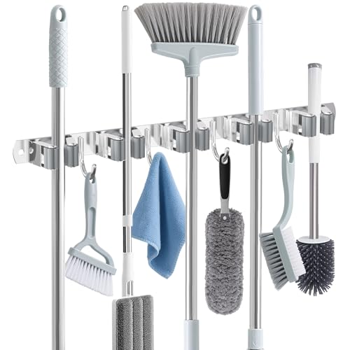 5 Racks and 4 Hooks Wall-Mounted Mop and Broom Holder, Self-Adhesive Heavy-Duty Broom Hanger Organizer, Heavy-Duty Storage and Organization for Home, Kitchen, Garden, Garage, and Rooms Grey