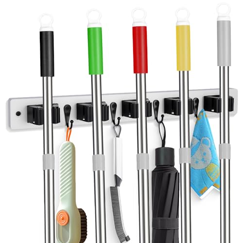Broom Holder Wall Mount With 5 Slots & 4 Hooks，Rustic Wood Broom & Mop Hanger，Wall Mounted Garden & Garage Tool Storage Organizer Rack for Closet Laundry Room or Kitchen Wall Decor - view 6