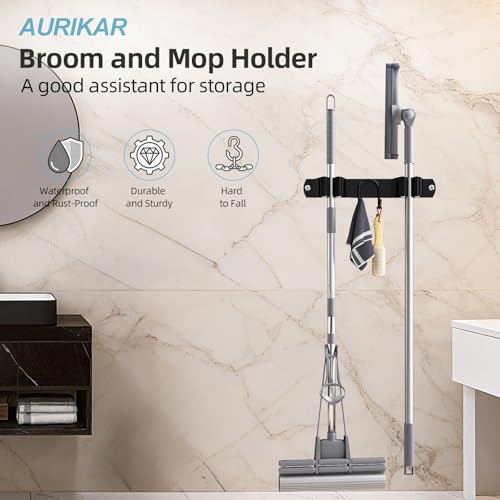 Broom Holder Wall Mount, Stainless Steel Mop and Broom Organizer, Broom Hanger with 2 Slots 2 Hooks for Home Kitchen, Garage, Garden and Laundry Room, Black - view 3