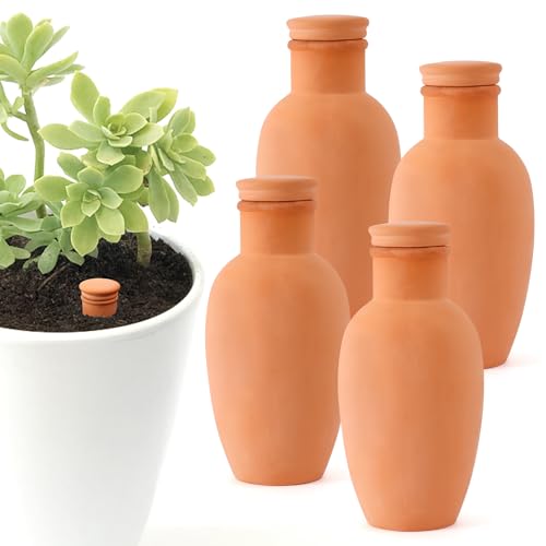 4pcs Ollas 3.1inch Plant Watering Globes Clay Watering Pot with lid Terra Cotta Clay Irrigation Globes Terracotta Watering Simple Irrigation Peripheral Water System Self Watering System