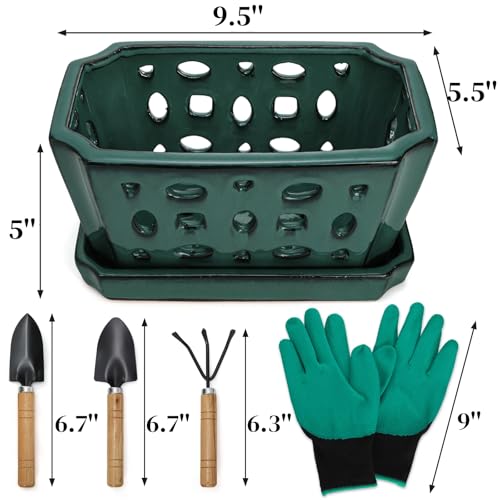 Ceramic Orchid Pot with Saucer & Holes, Large Rectangle Repotting Plant Pot with Gloves & 3 PCS Shovels, Thickened Glazed Decorative Planter, Slotted Flower Container for Good Air Circulation - view 2