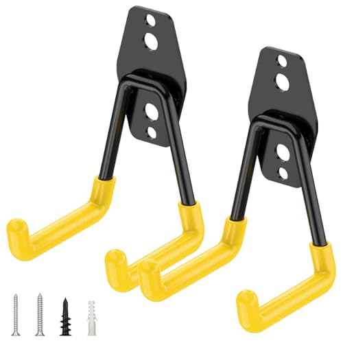 2 Pack Heavy Duty Garage Hooks, Steel Utility Wall Storage Hooks, Wall Mount Hanger Organizer for Ladders, Bikes, Tools, Bulky Items (Small, Yellow Square)