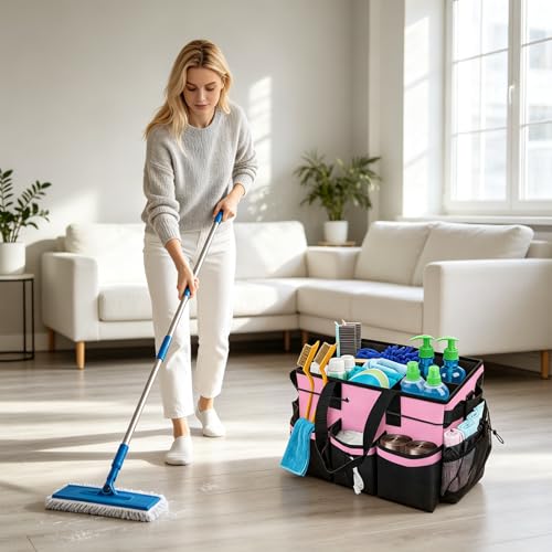 Large Cleaning Caddy Bag - 15" x 10.5" x 9" Heavy-Duty Organizer Tote for Housekeepers, Janitors & Home Cleaning Supplies with Adjustable Shoulder Strap & Multiple Pockets (Pink) - view 2