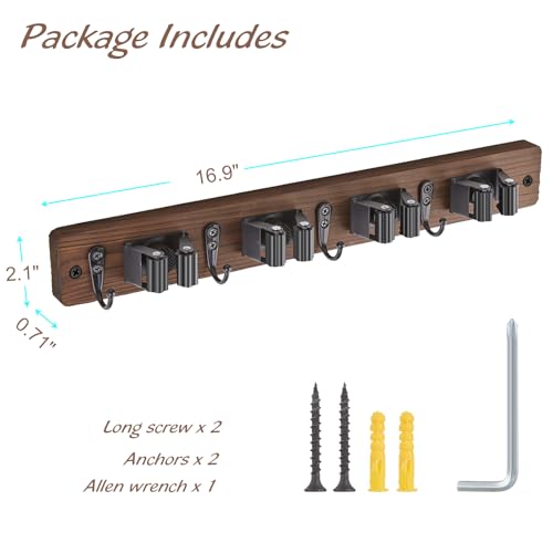 Mop and Broom Holder Wall Mount - Wood Broom Mop Hanger - Wall Mounted Garden Tool Rack Organizer for Closet Garage Laundry Room, Rustic Kitchen Decor With 4 Slots & 4 Hooks - view 6