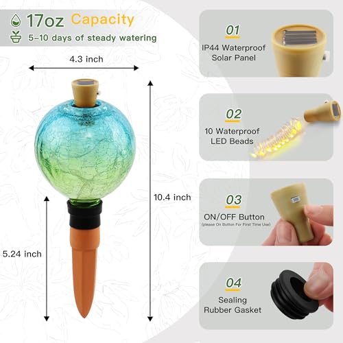 Plant Watering Globe with Solar Light, Blue Green Glass, 17 oz - view 4