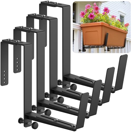 Window Box Brackets, Adjustable Planter Box Brackets, Heavy Duty Iron Flower Box Brackets for Railings, with Enhanced Bottom Support - Perfect for Balconies, Fences, and Gardens (Black, 4 Pack)