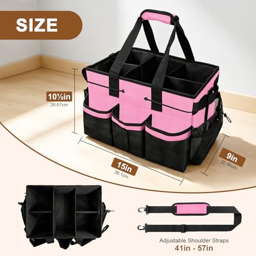 Large Cleaning Caddy Bag - 15" x 10.5" x 9" Heavy-Duty Organizer Tote for Housekeepers, Janitors & Home Cleaning Supplies with Adjustable Shoulder Strap & Multiple Pockets (Pink) - view 3