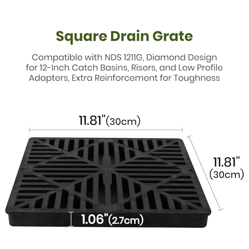 2 Pack 12 Inch Catch Basin Drain Grate, Fiberglass Reinforced Polyethylene Square Drain Cover for Yard Patio Driveway Drainage, Black - view 2
