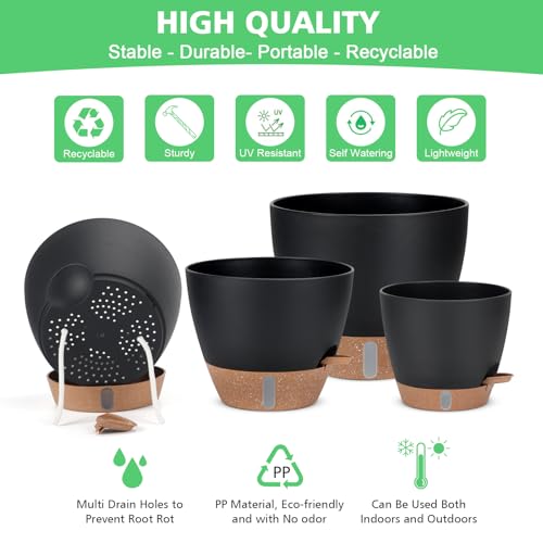12" 10" 9" 8" Self Watering Pot for Indoor Plants, Large Plastic Planters Set with Water Level Indicator Deep Reservoir Tray, Bottom Watering Big Flower Pots with Mesh Drainage Hole - Black - view 5