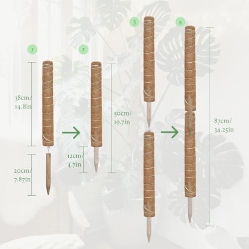 Moss Pole for Plants 4 Pack Natural Coco Coir Climbing Support Stakes with Plant Ties Indoor Monstera Plant Training Extension Poles 14.8inch Each Total 59.2inch - view 2