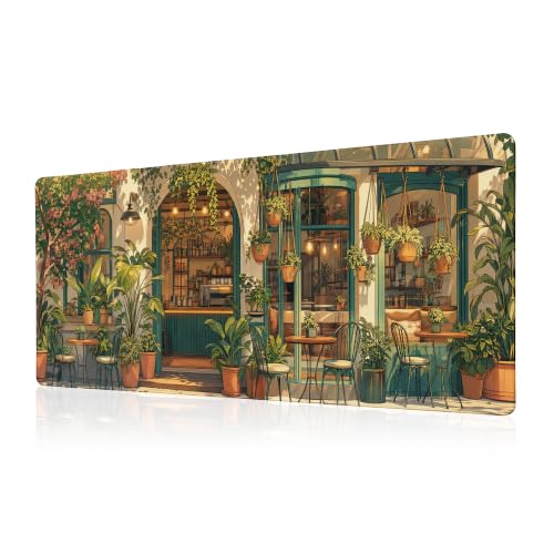 Japanese Coffee Shop Mouse Pad Desk Mat XL Extended Large Gaming Desk Pad Mousepad, Green Plant Computer Laptop Keyboard and Mouse Mat, Desktop Protector Mat for Office and Home 31.5x11.8 in