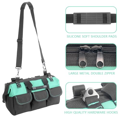 Women Garden Tools Bag 16inch Wide Mouth Tool Bag with Molded Base and Plastic-Padded, Inside Pockets for Tool Storage and Organization,600D polyester fabric (Teal color) - view 3