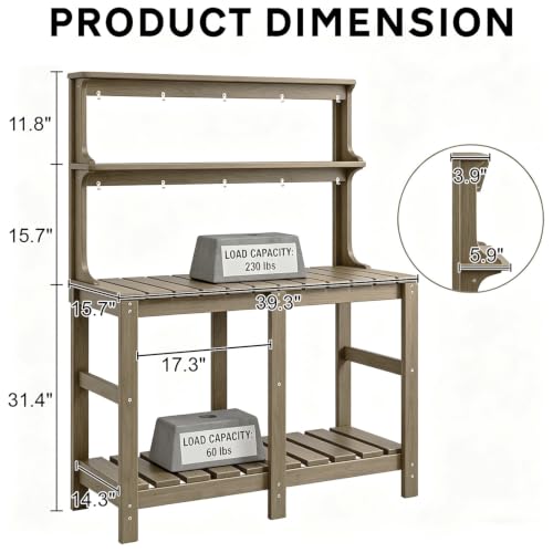 Outdoor Potting Bench with 3 Tier, All-Weather Patio Potting Table with Tool Hooks, HDPE Gardening Table for Backyard, Garden, Brown - view 6