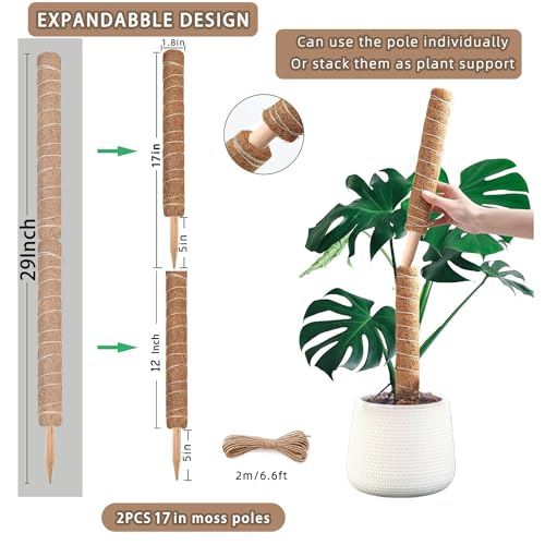 Moss Pole, 2 Pack 17 Inch Monstera Plant Support for Climbing Plants Accessories Indoor, Stackable Moss Poles Plant Support Stakes, Coir Plant Pole Sticks for Potted Plants, Pothos, Philodendron - view 2