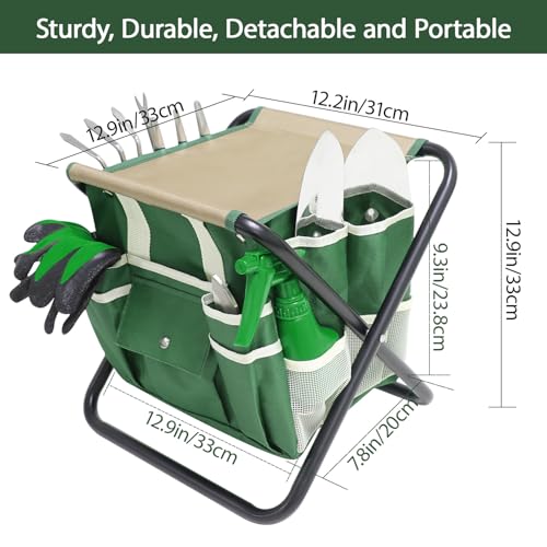 Garden Tool Set, 10 Piece Kit with Heavy Duty Folding Stool, Detachable Storage Tote Bag, Stainless Steel Tools, Gardening Gift for Women Green - view 3