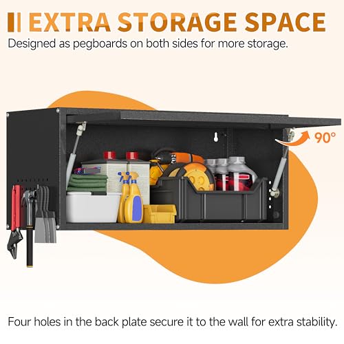Metal Garage Wall Cabinet with Up-Flip Door,Wall-Mounted Steel Storage Cabinet, Float Tool Cabinet with Pegboard,Upper Cabinet for Kitchen,Garage,Workshop,Warehouse(13.8" H,Black) - view 3