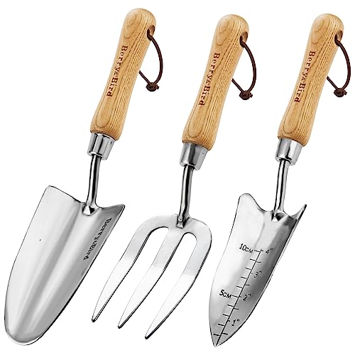 Gardening Hand Tool Set - 3PCS Stainless Steel Garden Tool Kit Multifunctional Tool with Wooden Handle Trowel, Fork & Weeder for Weeding Planting Transplant, Ideal Garden Gift for Women&Men - view 8