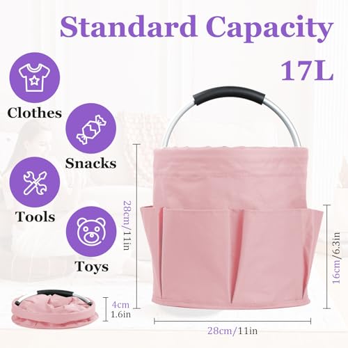 17L Portable Shower Caddy with 6 Side Pockets, Foldable Cleaning Supply Caddy with Handle, Garden Tool Bag in 600D Oxford Fabric, Multifunctional Storage Basket for Showers, Picnics, Pink - view 2