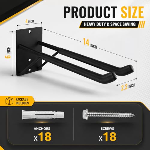 14" Large Heavy Duty Garage Hooks, Steel Garage Storage Hooks with Support Rods, Utility Wall Mount Hangers for Power Tools, Car Tires, Ladders, Chairs, Garden Tools and More (6-Pack 14" Heavy Hooks) - view 6