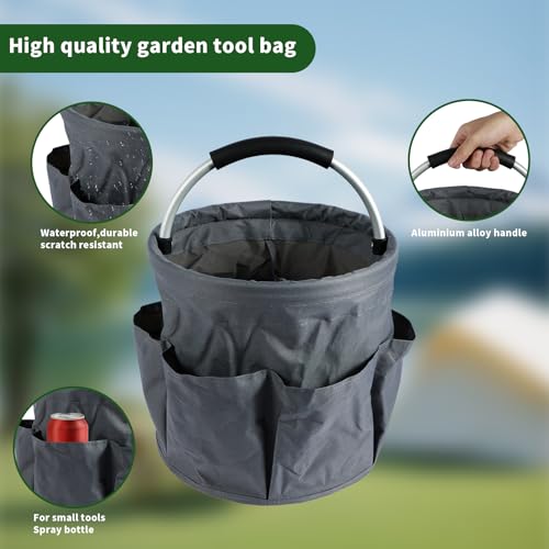 Gardening Storage Tote with Handle and 6 Pockets, Folding Garden Tool Basket, Storage Bag for Outdoor Picnicking, Beachcombing, Bathroom Essentials, Home Shopping, Gray - view 3