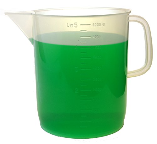 Measuring Jug, 5000mL (5 Liter) - Short Form - Polypropylene Plastic - Molded Graduations - Chemical Resistant, Autoclavable - Handle for Convenient Lifting - Pitcher, Large Measuring Cup