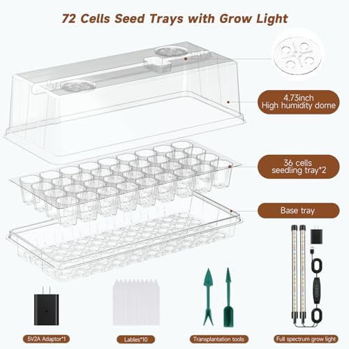 72 Cells Seed Starter Tray with Grow Light, Seed Starter Kit Full Spectrum with 5 Dimmable Brightness & Timer, Indoor Plant Grow Tray for Beginners & Seasoned Gardeners, Gardening Gifts, White - view 4