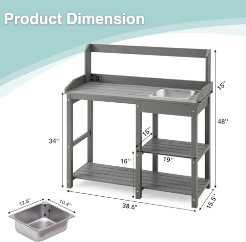 Outdoor Potting Bench Table with Sink for Outside Garden, Gray - view 4